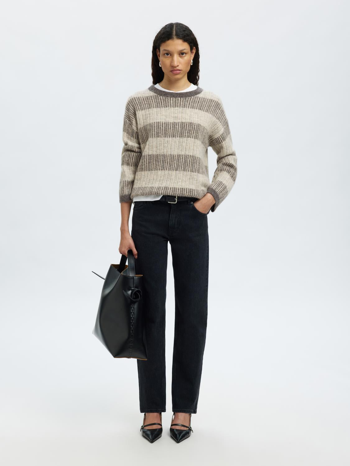 Slfalva Ls Knit Stripe O-Neck Grå
