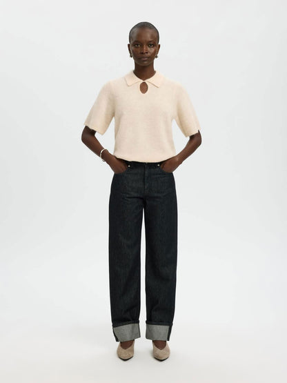 Slfsia Ras 2/4 Knit Key Hole Collar Neck Beige