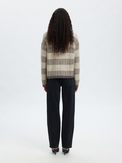 Slfalva Ls Knit Stripe O-Neck Grå